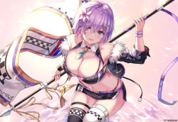 Rule 34 | 1girl, :d, alternate costume, artist name, asymmetrical legwear, bare shoulders, black jacket, black panties, black skirt, black thighhighs, blush, breasts, cenangam, cleavage, collarbone, commentary request, cowboy shot, crop top, cropped jacket, detached collar, facial mark, fate/grand order, fate (series), flag, fur collar, hair between eyes, hair over one eye, hand up, highleg, highleg panties, holding, jacket, large breasts, leg belt, long sleeves, looking at viewer, mash kyrielight, midriff, miniskirt, mismatched legwear, navel, necktie, off shoulder, open clothes, open jacket, open mouth, panties, purple eyes, purple hair, race queen, short hair, short necktie, side slit, skirt, smile, solo, standing, star (symbol), star facial mark, stomach, thigh strap, thighhighs, thighs, underwear, white thighhighs, wristband