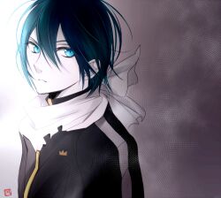 Rule 34 | 1boy, blue eyes, blue hair, collared shirt, commentary request, crown print, hair between eyes, long sleeves, male focus, neckerchief, noragami, open mouth, partial commentary, shirt, short hair, solo, tsukimori usako, upper body, white neckerchief, yato (noragami)