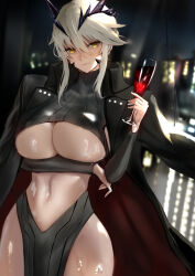 Rule 34 | 1girl, arm under breasts, artoria pendragon (fate), artoria pendragon (lancer alter) (fate), black coat, blonde hair, bodysuit, breasts, city lights, closed mouth, clothing cutout, coat, coat on shoulders, cup, fate/grand order, fate (series), hair between eyes, highres, holding, holding cup, huge breasts, jikihatiman, long hair, looking at viewer, navel, night, ribbed bodysuit, shiny skin, smile, solo, turtleneck, turtleneck bodysuit, underboob, window, yellow eyes
