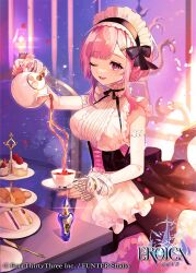 Rule 34 | apron, black bow, bottle, bow, breasts, corset, cup, dress, eroica, hair ornament, hairclip, helena (eroica), large breasts, maid headdress, natsuiro xx, official art, one eye closed, pink eyes, pink hair, pink nails, poison, short hair with long locks, smile, teacup, teapot