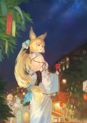 Rule 34 | 3girls, animal ear fluff, animal ears, backless outfit, bamboo, bare shoulders, blonde hair, blue flower, blue hair, blue rose, blue scrunchie, building, candy apple, cotton candy, detached sleeves, djeeta (granblue fantasy), floral print, flower, food, food print, granblue fantasy, hair flower, hair ornament, hair scrunchie, holding, holding food, japanese clothes, kimono, long hair, long sleeves, lyria (granblue fantasy), multiple girls, night, night sky, obi, outdoors, ponytail, print kimono, rose, sash, scrunchie, sky, standing, star (sky), starry sky, tanabata, tanzaku, very long hair, wasabi60, white kimono, white sleeves, wide sleeves, yuisis (granblue fantasy)