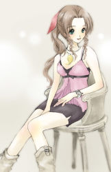 Rule 34 | 1girl, aerith gainsborough, alternate costume, bare arms, black shorts, boots, bracelet, breasts, brown hair, chair, curly hair, feather necklace, final fantasy, final fantasy vii, green eyes, grey background, hair ribbon, jewelry, necklace, non-web source, parted bangs, pink negligee, pink shirt, ponytail, poyon, ribbon, shirt, shorts, sidelocks, sitting, solo, square enix