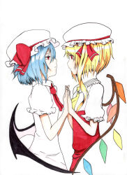 Rule 34 | 2girls, absurdres, ascot, bat wings, blonde hair, blue hair, closed mouth, collared shirt, cropped torso, eye contact, flandre scarlet, hat, hat ribbon, highres, holding hands, looking at another, medium hair, multicolored wings, multiple girls, puffy short sleeves, puffy sleeves, red ascot, red eyes, red ribbon, red vest, remilia scarlet, ribbon, sairyuu chiharu, shirt, short sleeves, siblings, simple background, sisters, touhou, upper body, vest, white background, white headwear, white shirt, wings, yellow ascot