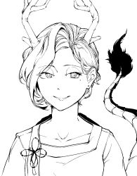 Rule 34 | 1girl, antlers, collarbone, dragon girl, dragon tail, greyscale, hi you (flying bear), highres, horns, kicchou yachie, looking at viewer, mole, mole under eye, monochrome, short hair, simple background, smile, solo, tail, touhou, wily beast and weakest creature