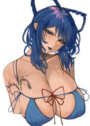 Rule 34 | 1girl, blue bra, blue eyes, blue hair, bra, breasts, cleavage, commentary, english commentary, hair rings, highres, huge breasts, kaku seiga, looking at viewer, mole, mole on breast, mole under eye, simple background, solo, tattoo, tomatolover16, touhou, underwear, upper body, white background