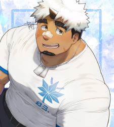 Rule 34 | 1boy, akiha gongen (housamo), bandaid, bandaid on face, bandaid on nose, bara, commentary request, dark-skinned male, dark skin, facial hair, goatee, horns, large pectorals, looking at viewer, male focus, multicolored hair, muscular, muscular male, pectorals, scar, scar across eye, scar on face, short hair, sideburns, single horn, solo, thick eyebrows, tokyo houkago summoners, two-tone hair, white hair, yanutorie