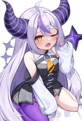 1girl ahoge blush braid deaver demon_girl demon_horns fangs hair_between_eyes highres hololive horns la+_darknesss long_hair long_sleeves multicolored_hair off_shoulder open_mouth pointy_ears purple_hair simple_background sleeves_past_fingers sleeves_past_wrists solo streaked_hair striped_horns very_long_hair virtual_youtuber white_background yellow_eyes