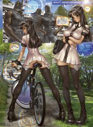 Rule 34 | 1girl, 3boys, ayabe lilyna, bicycle, black hair, blush, breasts, brown eyes, brown hair, dress, covered erect nipples, greaseberries, headband, headdress, highres, impossible clothes, impossible dress, large breasts, lilynna blueberry, long hair, looking at viewer, multiple boys, no bra, no panties, shirou masamune, thighhighs