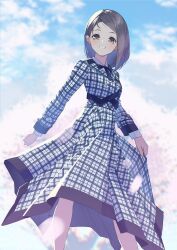 Rule 34 | 1girl, 22/7, blue bow, blue bowtie, blurry, bow, bowtie, brown eyes, buttons, cropped jacket, depth of field, double-breasted, dress, falling petals, feet out of frame, from below, furumoto, grey hair, highres, hiiragi tsubomi, jacket, kumorizora no mukou wa hareteiru, long sleeves, medium hair, outdoors, petals, plaid clothes, plaid dress, plaid jacket, shirt, shirt under shirt, skirt hold, sky, smile, solo, standing, teeth, white shirt