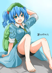 Rule 34 | +++, 1girl, :d, absurdres, arm behind head, backpack, bag, barefoot, bike shorts, blue eyes, blue hair, gradient background, hair ornament, hat, highres, kawashiro nitori, key, looking at viewer, matching hair/eyes, monrooru, open mouth, shirt, sitting, skirt, smile, solo, sweat, touhou, twintails, two side up