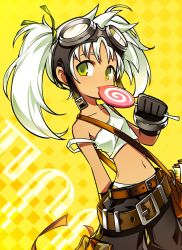 Rule 34 | alchemist, bag, belt, candy, collarbone, echo (elsword), elsword, food, gloves, goggles, green eyes, highres, hwansang, licking, lollipop, midriff, navel, potion, solo, twintails, white hair