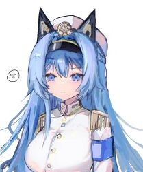 Rule 34 | 1girl, :|, absurdres, armband, badge, blue eyes, blue hair, braid, breasts, closed mouth, epaulettes, goddess of victory: nikke, hat, helm (nikke), highres, large breasts, long hair, long sleeves, looking at viewer, military hat, military uniform, naval uniform, peaked cap, pong2, shirt, simple background, solo, uniform, upper body, white background, white shirt