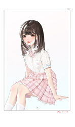 Rule 34 | 1girl, absurdres, black hair, blunt bangs, blush, border, bow, bowtie, brown eyes, checkered bow, checkered bowtie, checkered clothes, checkered skirt, cheese (cheese zz74), dated, feet out of frame, grin, highres, invisible chair, lips, looking at viewer, medium hair, original, pink skirt, pleated skirt, shirt, shirt tucked in, short sleeves, simple background, sitting, skirt, smile, socks, solo, teeth, white background, white border, white shirt, white socks