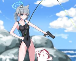 Rule 34 | 1boy, 1girl, absurdres, animal ear fluff, animal ears, doodle sensei (blue archive), black one-piece swimsuit, blue archive, blue eyes, blue sky, blurry, breasts, cloud, commentary request, competition swimsuit, covered navel, cross hair ornament, daily time, day, extra ears, fishing rod, grey hair, gun, hair ornament, halo, handgun, highres, horizon, korean commentary, low ponytail, medium breasts, medium hair, mismatched pupils, multicolored clothes, multicolored swimsuit, ocean, official alternate costume, one-piece swimsuit, outdoors, rock, sensei (blue archive), shiroko (blue archive), shiroko (swimsuit) (blue archive), sky, standing, swimsuit, weapon, weapon request, wet, wet clothes, wet swimsuit, wolf ears