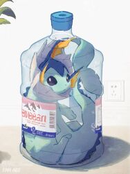 Rule 34 | arc draws, bottle, bright pupils, closed mouth, commentary request, creatures (company), electrical outlet, game freak, gen 1 pokemon, highres, indoors, label, looking at viewer, nintendo, no humans, pokemon, pokemon (creature), purple eyes, solo, twitter username, vaporeon, water bottle, white pupils