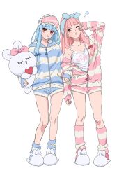 Rule 34 | 2girls, blue hair, blue pajamas, closed mouth, commission, full body, highres, kotonoha akane, kotonoha aoi, long hair, looking at viewer, moya (toatomoot), multiple girls, one eye closed, open mouth, pajamas, pink eyes, pink hair, pink pajamas, simple background, skeb commission, smile, standing, stuffed toy, voiceroid, white background, yawning