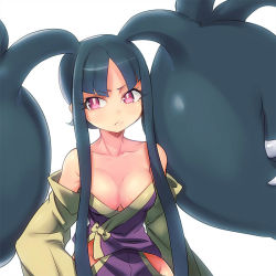 Rule 34 | 10s, 1girl, annoyed, bare shoulders, black hair, blush, breasts, cleavage, collarbone, creatures (company), extra mouth, eyelashes, frown, game freak, gen 3 pokemon, japanese clothes, kimono, living hair, long hair, looking away, mawile, mega mawile, mega pokemon, naso4, nintendo, off shoulder, open clothes, open kimono, personification, pokemon, pokemon xy, purple eyes, red eyes, sidelocks, simple background, solo, teeth, upper body, white background
