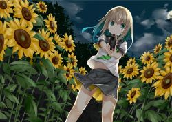 Rule 34 | 1girl, aiming, aiming at viewer, blonde hair, closed mouth, crying, dutch angle, field, flower, flower field, green eyes, green hair, grey skirt, gun, handgun, holding, holding gun, holding weapon, kavka, legs apart, long hair, looking at viewer, midriff peek, multicolored hair, night, original, outdoors, own hands together, pistol, pleated skirt, pointing, pointing at viewer, school uniform, serafuku, short sleeves, skirt, solo, standing, sunflower, sunflower field, tears, two-sided fabric, two-sided skirt, two-tone hair, weapon