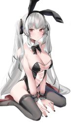 Rule 34 | 1girl, animal ears, bare arms, bare shoulders, between legs, black leotard, black nails, bow, bowtie, breasts, brown eyes, cleavage, closed mouth, detached collar, expressionless, fake animal ears, grey hair, grey thighhighs, hair ribbon, hairband, highleg, highleg leotard, highres, large breasts, leotard, long hair, looking at viewer, meme attire, mole, mole under eye, nail polish, nephthys2356, original, playboy bunny, rabbit ears, red footwear, ribbon, see-through, shoes, sidelocks, sitting, solo, strapless, strapless leotard, thighhighs, thighs, translucent bunnysuit, twintails, very long hair, wariza, wrist cuffs