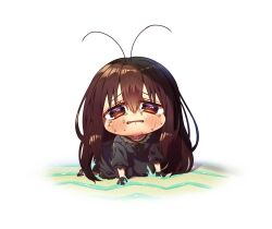 Rule 34 | 1girl, antennae, arthropod girl, black bow, black dress, black gloves, blush, bow, brown eyes, brown hair, chibi, cockroach girl, commentary request, crying, crying with eyes open, dress, gloves, hair between eyes, harumina mau, highres, kneeling, long hair, looking at viewer, open mouth, original, personification, shadow, simple background, solo, stuck, tears, very long hair, white background