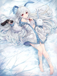 Rule 34 | 1girl, absurdres, animal ears, bandaged leg, bandages, barefoot, breasts, coat, commentary, crystalherb, english commentary, finger on trigger, gun, handgun, highres, holding, holding gun, holding stuffed toy, holding weapon, long hair, long sleeves, looking at viewer, lying, messy hair, neck ribbon, off shoulder, on back, open mouth, original, partially unzipped, pistol, pocket, rabbit ears, red eyes, red ribbon, ribbon, small breasts, snow, solo, stuffed animal, stuffed rabbit, stuffed toy, very long hair, weapon, weapon request, white hair, winter clothes, winter coat, zipper, zipper pull tab