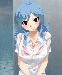 Rule 34 | 1girl, artist name, black bra, blue eyes, blue hair, blush, bra, breasts, closed mouth, collarbone, facing viewer, fairy tail, gaston18, happy, highres, juvia lockser, large breasts, long hair, looking at viewer, multicolored bra, multicolored clothes, outdoors, rain, red bra, see-through, shirt, short sleeves, smile, solo, standing, underwear, upper body, wall, water drop, wet, wet clothes, wet hair, wet shirt, white shirt