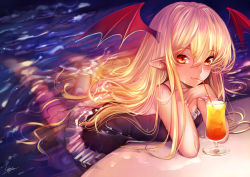 Rule 34 | 1girl, bat wings, blonde hair, closed mouth, cup, drink, drinking, drinking straw, fang, fang out, frilled swimsuit, frills, granblue fantasy, hair between eyes, head wings, highres, lips, long hair, looking at viewer, one-piece swimsuit, pointy ears, red eyes, revision, shingeki no bahamut, smile, solo, swimsuit, tahnya, vampire, vampy, water, wet, wings