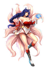 Rule 34 | 1girl, ahri (league of legends), animal ears, bare shoulders, black hair, breasts, cleavage, collarbone, detached sleeves, energy ball, facial mark, female focus, fingernails, fox ears, fox tail, full body, highres, korean clothes, large breasts, league of legends, lips, long hair, multiple tails, nail polish, simple background, slit pupils, solo, standing, tail, whisker markings, white background, yashichii, yellow eyes