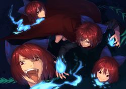 Rule 34 | 1girl, blue fire, cape, covering one eye, dark, disembodied head, fang, fire, hair ornament, hair ribbon, long sleeves, looking at viewer, looking down, looking up, matsuharu (lip-mil), multiple heads, nail polish, open mouth, red eyes, red hair, ribbon, saliva, sekibanki, short hair, simple background, smile, tongue, tongue out, touhou