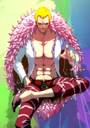 Rule 34 | 1boy, abs, bare pectorals, blonde hair, collarbone, commentary, donquixote doflamingo, earrings, eilinna, english commentary, evil grin, evil smile, grin, hand in pocket, highres, jacket, jewelry, crossed legs, male focus, muscular, muscular male, navel, one piece, open clothes, open jacket, pectorals, smile, solo, string, sunglasses