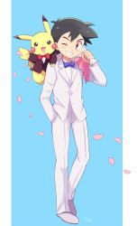 Rule 34 | 1boy, :3, arm up, artist name, ash ketchum, bad id, bad pixiv id, black jacket, blue background, blue neckwear, blush stickers, bouquet, bow, bowtie, brown eyes, creatures (company), flower, formal, full body, game freak, gen 1 pokemon, grin, hand in pocket, hand up, happy, holding, jacket, jpeg artifacts, long sleeves, looking at another, looking at viewer, looking to the side, male focus, mei (maysroom), nintendo, on shoulder, one eye closed, open mouth, pants, petals, pikachu, pink bow, pokemon, pokemon (anime), pokemon (creature), pokemon on shoulder, red neckwear, shirt, shoes, signature, simple background, smile, standing, suit, teeth, tuxedo, white footwear, white jacket, white pants, white shirt, white suit, wink
