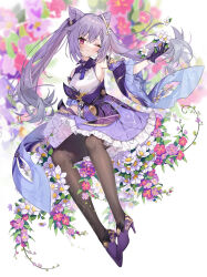 Rule 34 | 1girl, absurdres, bare shoulders, braid, brown pantyhose, closed mouth, detached sleeves, dress, floral background, flower, frilled dress, frills, genshin impact, gloves, hair ornament, high heels, highres, holding, holding flower, keqing (genshin impact), long hair, looking at viewer, one eye closed, pantyhose, purple dress, purple eyes, purple footwear, purple gloves, purple hair, short dress, smile, solo, twintails, yuia