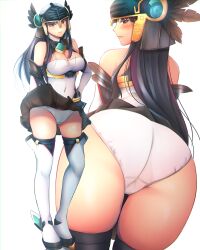Rule 34 | 1girl, armor, ass, black hair, blush, breasts, closed mouth, feathers, helmet, hrist valkyrie, large breasts, long hair, looking at viewer, niwatori (eck16614), panties, red eyes, simple background, solo, thighhighs, underwear, valkyrie, valkyrie profile (series), white background, white panties, white thighhighs, winged helmet