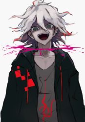 Rule 34 | 1boy, :d, blood, collarbone, colored blood, commentary request, crazy, crazy eyes, crazy smile, danganronpa (series), danganronpa 2: goodbye despair, green jacket, grey background, grey hair, grey shirt, hair between eyes, highres, iumi urura, jacket, komaeda nagito, long sleeves, looking at viewer, male focus, messy hair, open clothes, open jacket, open mouth, pink blood, print shirt, purple blood, shirt, simple background, smile, solo, teeth, upper body, white hair