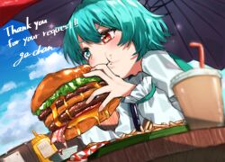 Rule 34 | 1girl, :t, blue eyes, blue hair, blush, burger, cheese, closed mouth, commentary request, commission, cup, disposable cup, eating, fast food, food, food focus, french fries, ga-chan24, hair between eyes, heterochromia, lettuce, long sleeves, meat, medium bangs, mustard, mustard bottle, red eyes, shirt, short hair, skeb commission, solo, tatara kogasa, touhou, upper body, v-shaped eyebrows, white shirt