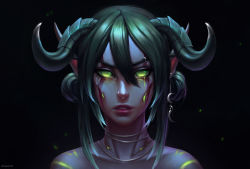 Rule 34 | 1girl, alisa nilsen, artist name, black background, copyright request, double bun, earrings, elf, eyebrow piercing, facepaint, green eyes, green hair, green theme, hair bun, highres, horns, jewelry, lipstick, long eyelashes, looking at viewer, makeup, necklace, night elf (warcraft), parted lips, piercing, pointy ears, portrait, red lips, sidelocks, simple background, solo