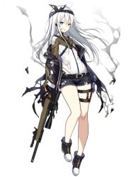 Rule 34 | 1girl, bandaid, bandaid on face, belt, blue eyes, bolt-action rifle, bolt action, darpa xm-3, duplicate, full body, girls&#039; frontline, gloves, gun, hairband, jacket, long hair, looking at viewer, official art, open mouth, prototype design, rifle, shorts, silver hair, sniper rifle, solo, standing, thighs, tongue, torn clothes, trigger discipline, weapon, white background, xm3 (girls&#039; frontline)
