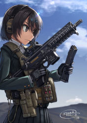 Rule 34 | 1girl, ammunition pouch, bad id, bad pixiv id, black eyes, black hair, buckle, cartridge, cloud, day, dreadtie, gloves, gun, hair ornament, hairclip, headset, highres, holding, holding magazine (weapon), holstered, lens flare, looking to the side, magazine (weapon), medium hair, mountain, original, outdoors, pleated skirt, pouch, reloading, rifle, school uniform, serious, sig sauer, signature, skirt, sky, snap-fit buckle, solo, submachine gun, trigger discipline, utility vest, weapon