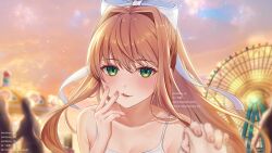 Rule 34 | 1girl, absurdres, bow, breasts, brown hair, cleavage, collarbone, commission, doki doki literature club, ferris wheel, green eyes, hair bow, highres, long hair, looking at viewer, medium breasts, mi tarou0412, monika (doki doki literature club), outdoors, parted lips, pixiv commission, solo, tongue, tongue out, white bow