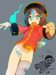 Rule 34 | 1girl, bad id, bad pixiv id, blue eyes, blunt ends, bottomless, braid, brown hair, chibi, chibi inset, chinese clothes, engawa oishii, flaming eye, grey background, highres, jack-o&#039;-lantern, jiangshi, long hair, long sleeves, looking at viewer, maebari, no panties, ofuda, ofuda on pussy, open mouth, original, outline, outstretched arms, sharp teeth, simple background, single braid, stitches, tangzhuang, teeth, trick or treat, wide sleeves, zombie pose