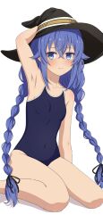 Rule 34 | 1girl, absurdres, arm behind head, arm up, armpits, bare legs, black hat, black ribbon, blue eyes, blue hair, blush, braid, breasts, camui1104, closed mouth, collarbone, commentary request, competition school swimsuit, crossed bangs, embarrassed, hair flaps, hair ribbon, hand on ground, hat, highres, light frown, long hair, looking to the side, mushoku tensei, navel, on ground, partial commentary, ribbon, roxy migurdia, school swimsuit, shoulder blush, sitting, small breasts, solo, swimsuit, thighs, twin braids, very long hair, wariza, white background, witch hat