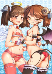 Rule 34 | 2girls, :d, angel and devil, angel wings, ass, black legwear, blush, bow, bow panties, bra, breasts, brown eyes, brown hair, covered erect nipples, demon horns, demon tail, demon wings, dual persona, fang, fang out, garter belt, gloves, halo, highres, horns, kantai collection, looking at viewer, multiple girls, naughty face, navel, open mouth, panties, pink bra, pink legwear, pink panties, pointy ears, red bra, red panties, ryuujou (kancolle), sheep horns, skindentation, small breasts, smile, smug, striped bra, striped clothes, striped panties, tail, thighhighs, twintails, underwear, underwear only, uousa-ou, vertical-striped bra, vertical-striped clothes, vertical-striped panties, white gloves, wings