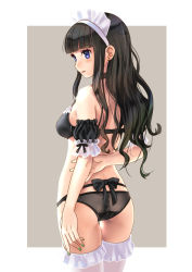 Rule 34 | 1girl, arms behind back, ass, back, black bow, black bra, black choker, black hair, black panties, blue eyes, blunt bangs, bow, bra, breasts, choker, commentary request, derivative work, detached sleeves, earrings, green nails, highres, jewelry, katahira masashi, lips, long hair, maid, maid headdress, medium breasts, nail polish, original, panties, parted lips, sideboob, simple background, smile, solo, standing, thighhighs, underwear, underwear only, white thighhighs