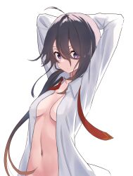 Rule 34 | 1girl, ahoge, ariake (kancolle), arms behind head, arms up, black hair, breasts, gradient hair, hair between eyes, highres, kantai collection, lanthan, long hair, long sleeves, low ponytail, medium breasts, multicolored hair, naked shirt, navel, necktie, open clothes, open shirt, orange hair, out-of-frame censoring, red necktie, shirt, solo, undone necktie, very long hair, white shirt