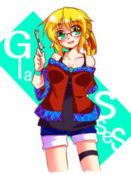 Rule 34 | 1girl, adapted costume, bare shoulders, bespectacled, blonde hair, breasts, cleavage, female focus, gin (shioyude), glasses, green eyes, mizuhashi parsee, open mouth, pointy ears, shorts, smile, solo, thigh strap, touhou, white background