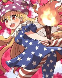 Rule 34 | 1girl, ass, blonde hair, blush, breasts, clownpiece, fairy, fairy wings, hair between eyes, hat, highres, holding, holding torch, long hair, medium breasts, open mouth, pantyhose, purple hat, red eyes, rokugou daisuke, smile, solo, striped clothes, striped pantyhose, torch, touhou, wings