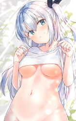 Rule 34 | 1girl, absurdres, aqua eyes, black ribbon, blush, bottomless, breasts, closed mouth, clothes lift, day, grey hair, groin, hair between eyes, hair ribbon, head tilt, highres, lifting own clothes, light rays, long hair, looking at viewer, medium breasts, naked shirt, navel, nervous smile, no bra, one side up, original, out-of-frame censoring, ribbon, shiitake taishi, shirt, shirt lift, short sleeves, sidelocks, smile, solo, stomach, sunbeam, sunlight, underboob, upper body, very long hair, white shirt