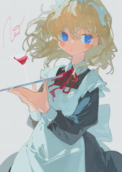 Rule 34 | 1girl, apron, black dress, blonde hair, blue eyes, blush, cocktail glass, collared dress, commentary request, cup, dress, drinking glass, highres, holding, holding tray, long sleeves, looking at viewer, maid, maid apron, maid headdress, medium hair, neck ribbon, original, parted lips, potg (piotegu), red ribbon, ribbon, signature, solo, tray, upper body, white apron