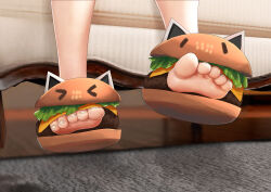 Rule 34 | 1girl, absurdres, andy2465, burger, commentary, feet, feet only, food, foot focus, highres, hololive, mixed-language commentary, out of frame, photo background, shadow, shirakami fubuki, sitting, slippers, solo, toenails, toes, virtual youtuber