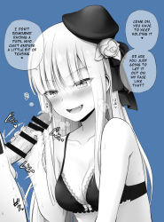 Rule 34 | 1boy, 1girl, bar censor, black bra, blue background, blue theme, blunt bangs, blush, bra, breasts, censored, chacharan, cleavage, collarbone, commentary request, english text, fate/grand order, fate (series), handjob, hat, lord el-melloi ii case files, medium breasts, monochrome, open mouth, penis, reines el-melloi archisorte, simple background, solo focus, speech bubble, sweat, teeth, translated, underwear, upper body, upper teeth only